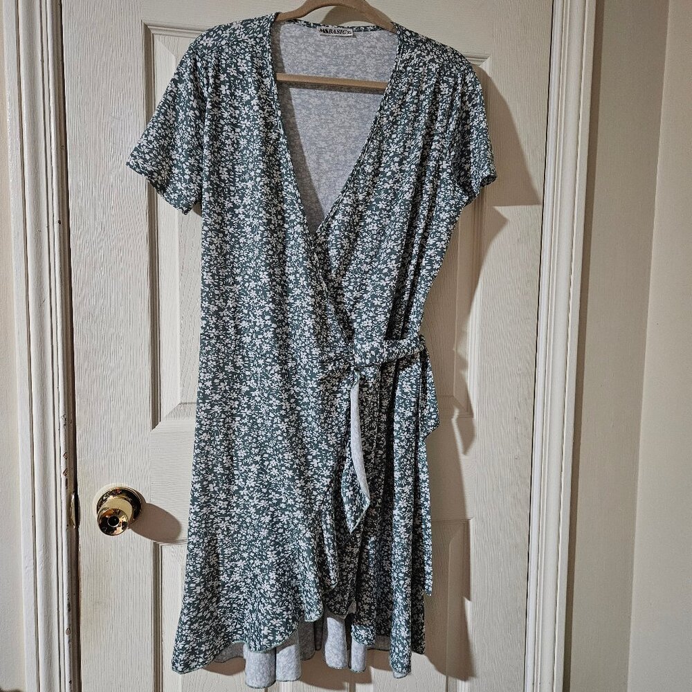 Ms Basic Green and White Wrap Dress